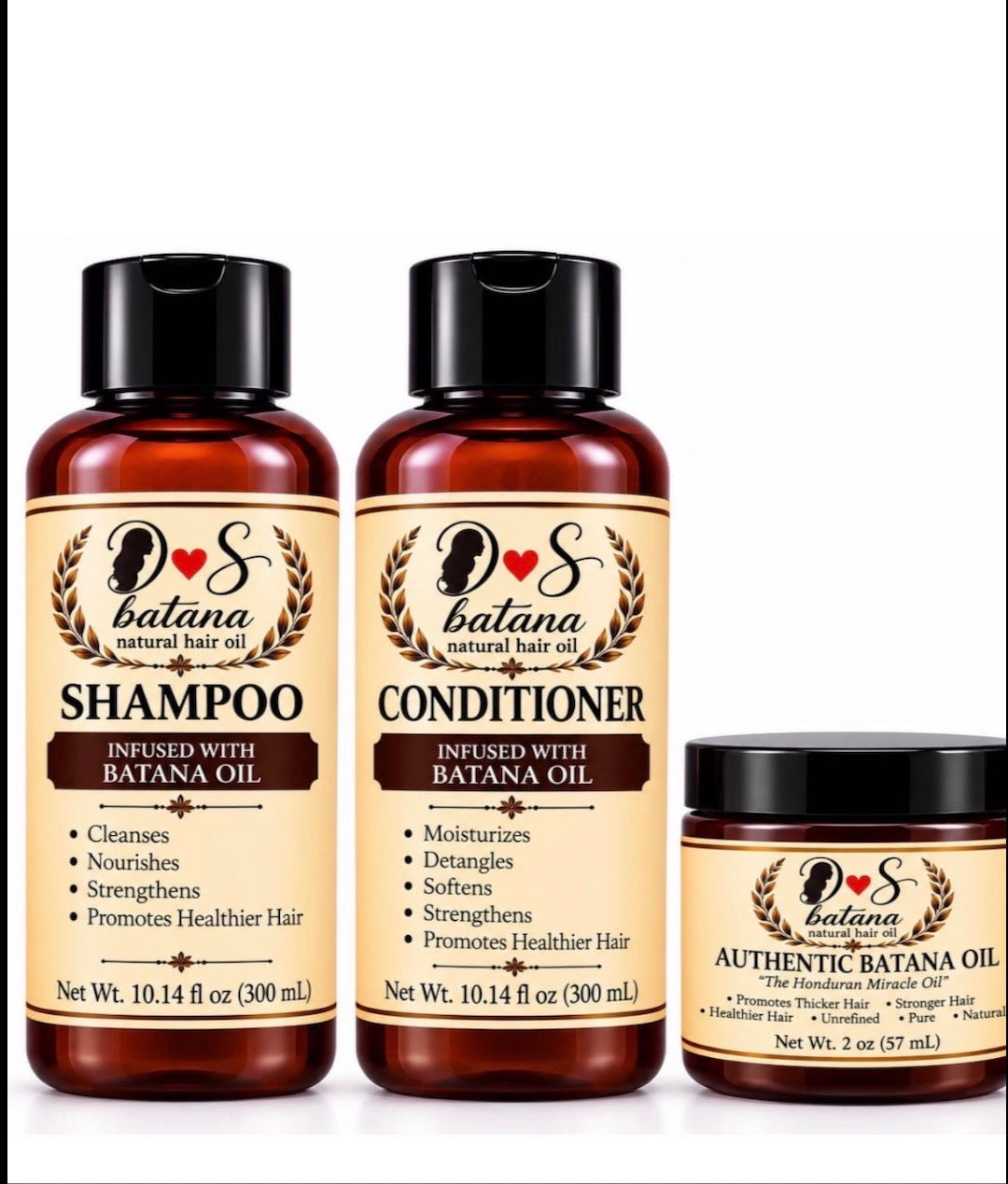 DSNATURALOILS Ultimate Batana Hair Care Bundle with bottles of natural hair treatment products and packaging.